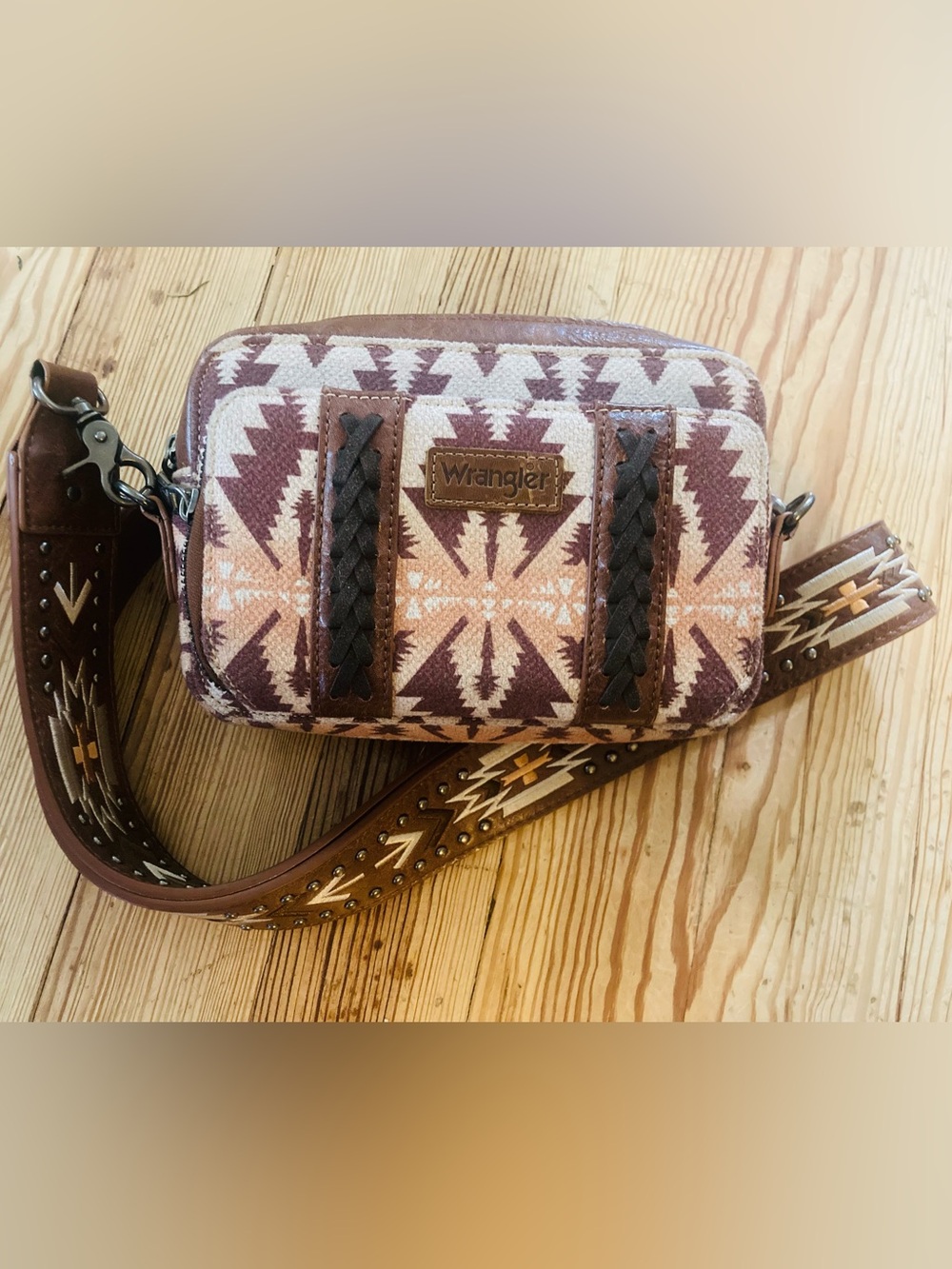 Wrangler Brown & Cream Aztec-Pattern Crossbody with Braided Accents